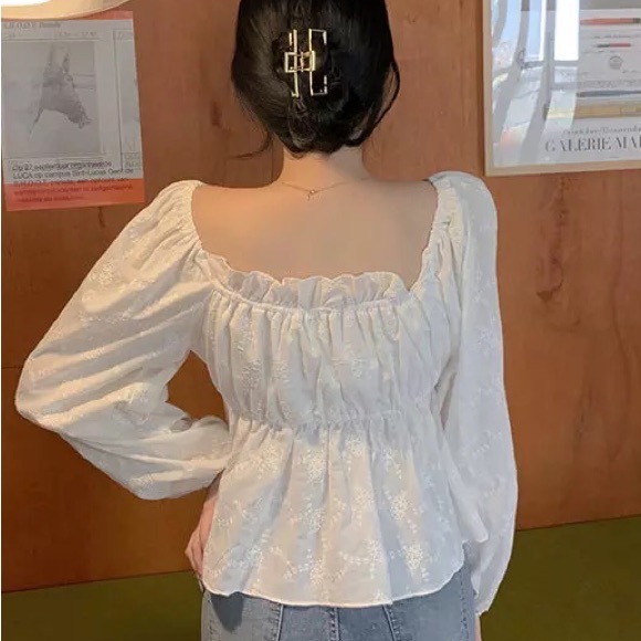 Floral embroidery cropped blouse top off shoulder shirt tie lantern sleeve - Picture 6 of 6